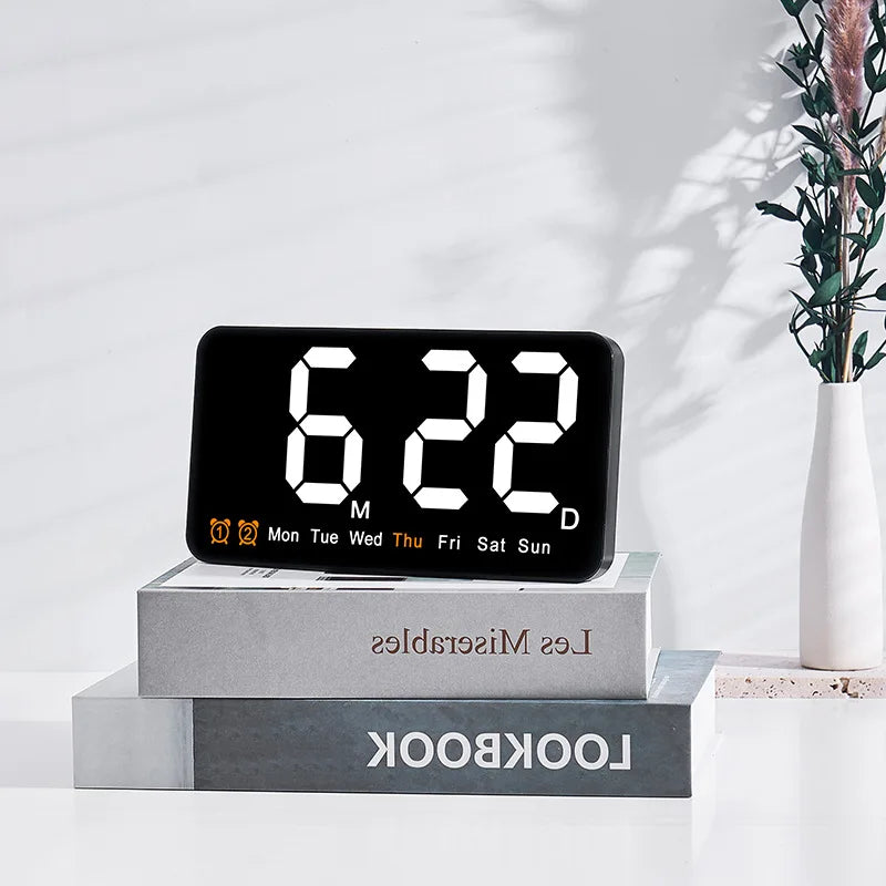 Electronic Wall Clock Temperature Date Display Table Clock Wall-mounted Digital LED Alarm Clocks for Home 12/24H Voice Control